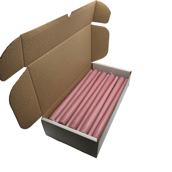 Box of 36 Dusty Rose Pink Taper Candles with a white background