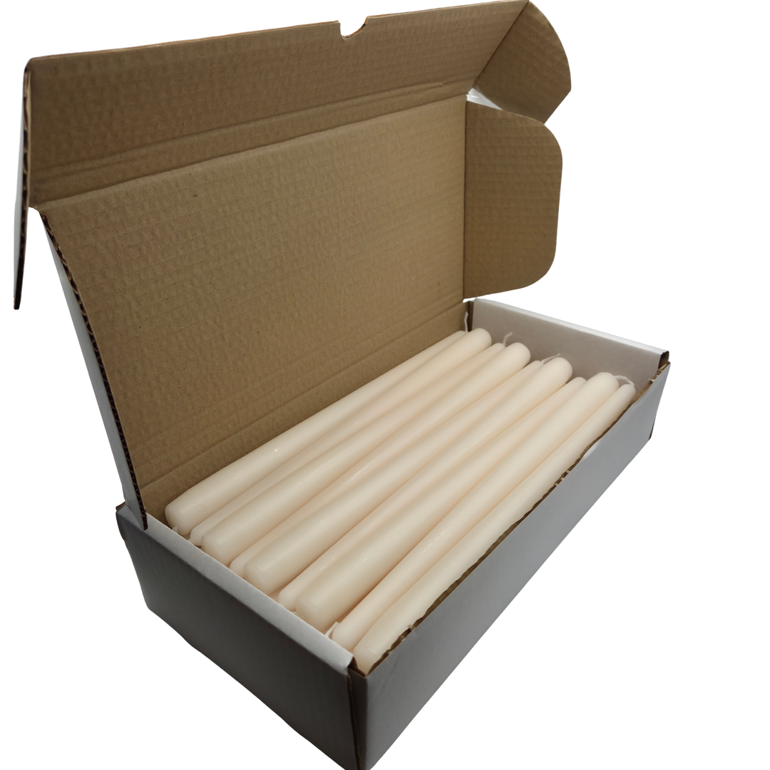 Box of 36 Ivory taper candles with a white background