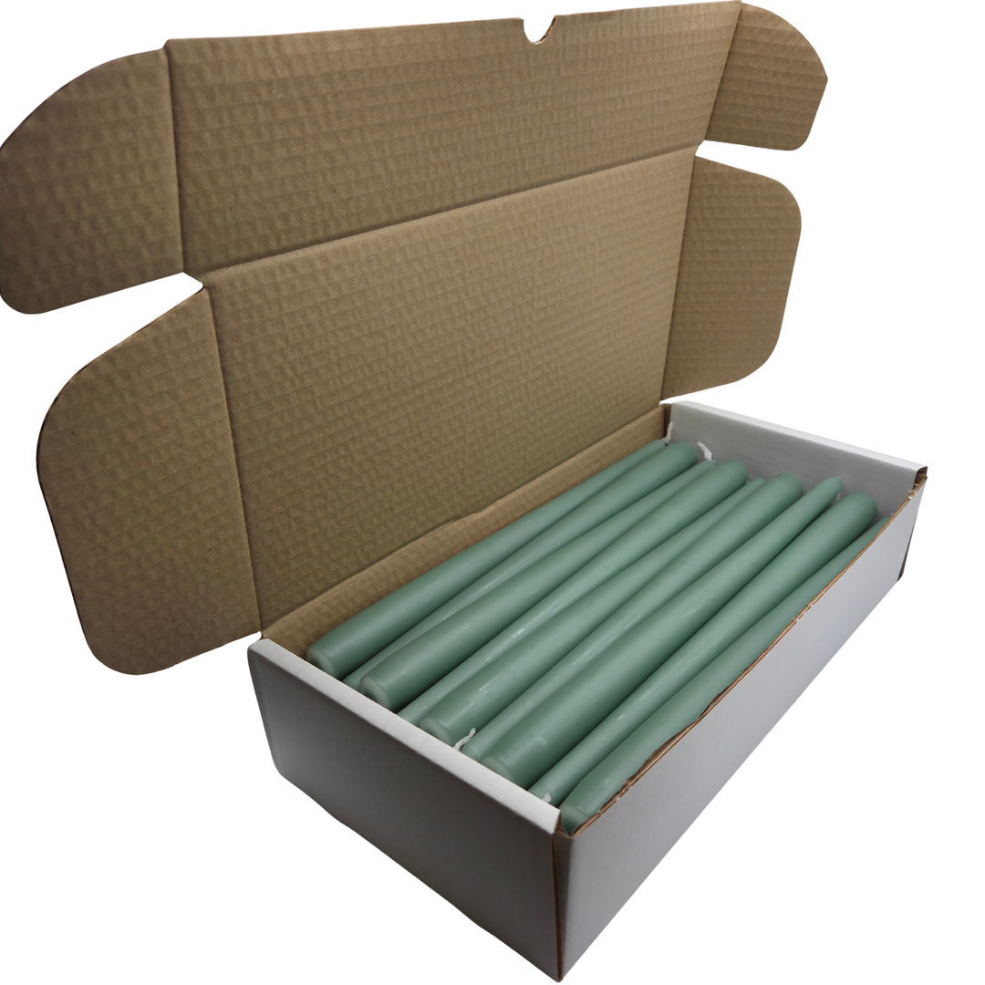 Box of 36 Moss Green Taper Candles with a white background