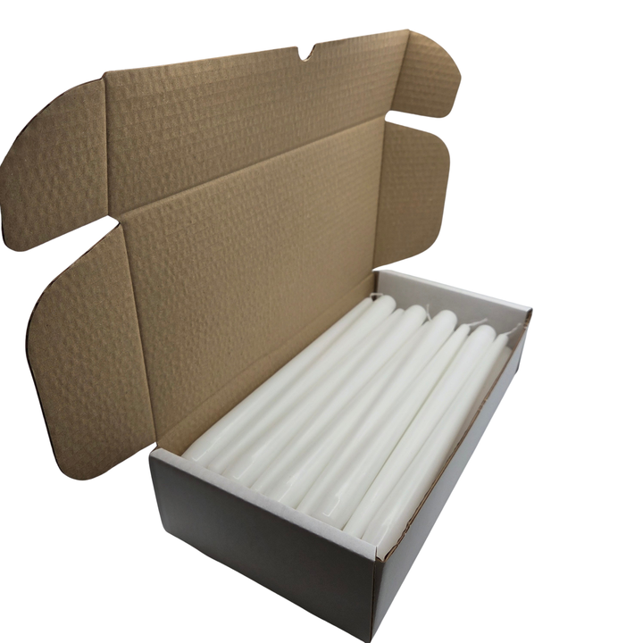 Box of 36 White Taper Candles with a white background