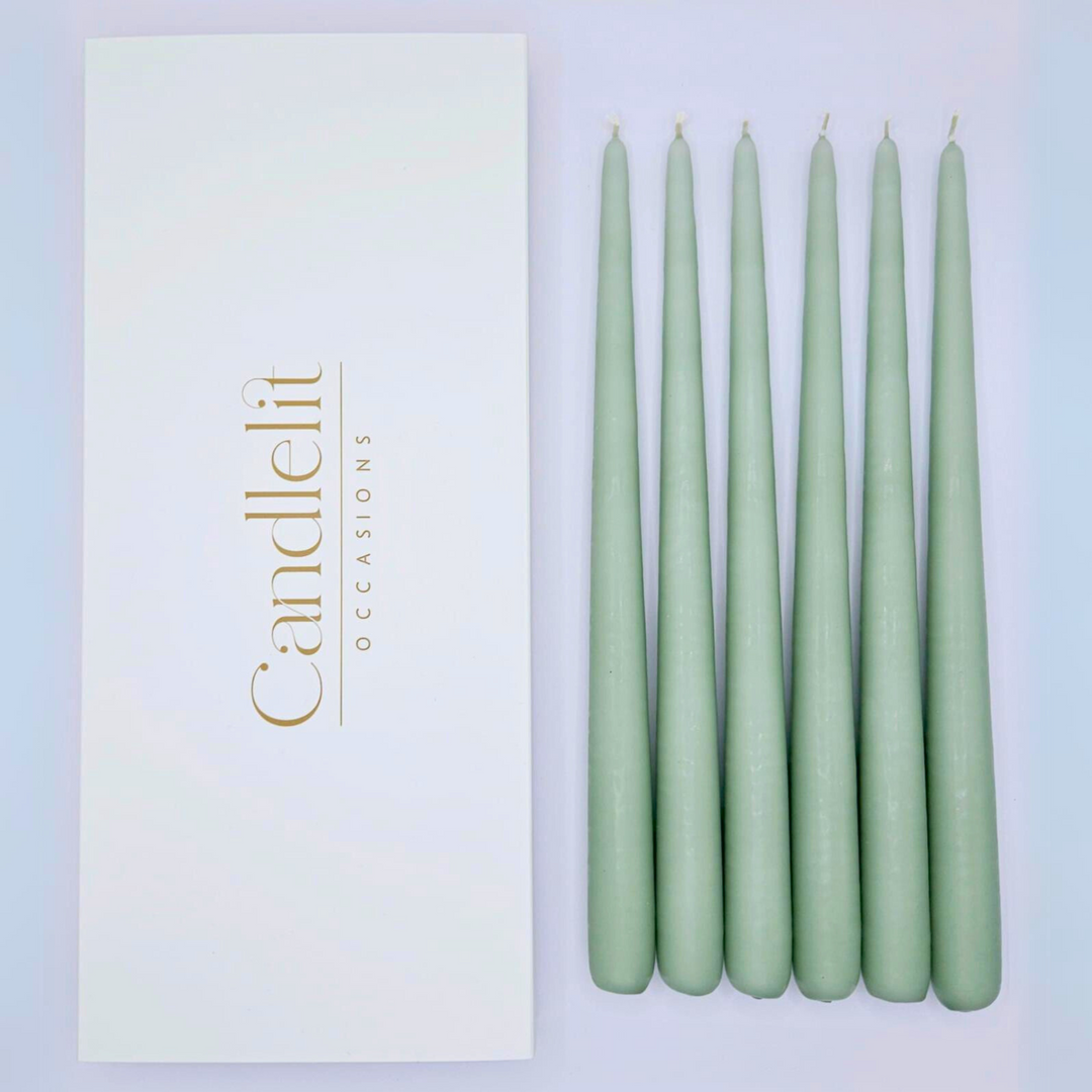 Luxury Sage Green taper candles for weddings special events and Christmas